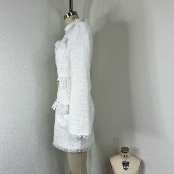 Luxdress Chunky Chain Fringe Button Front Long Sleeve Tweed Mini Dress - Picture 5 of 10